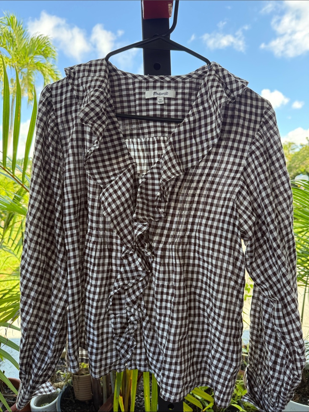 Madewell Brown and White Gingham Ruffle Button-Front Top